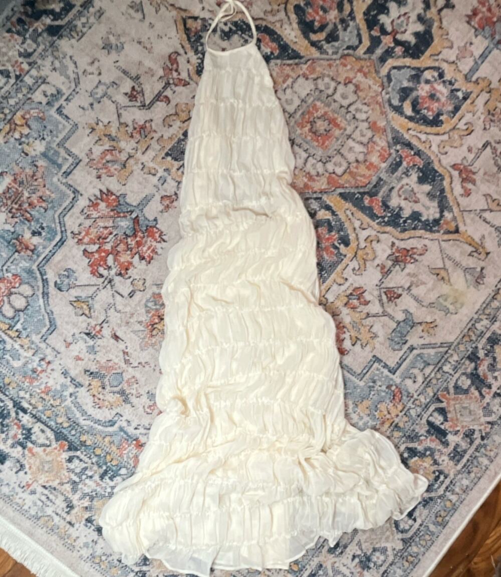 NWT Peppermayo Aullie Ivory Halter Open Back Ruffle Silk Chiffon Maxi Dress XS